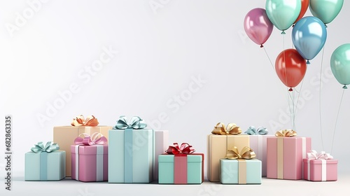  a gift box and balloons on a white background in pastel colors.