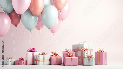  a gift box and balloons on a white background in pastel colors. © Tereza