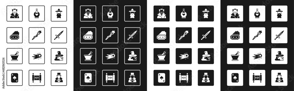 Set Wizard warlock, Magic staff, Ticket, Vampire, Dagger, Bottle with love potion, Witch and Mortar and pestle icon. Vector Set Wizard warlock, Magic staff, Ticket, Vampire, Dagger, Bottle with love potion, Witch and Mortar and pestle icon. Vector