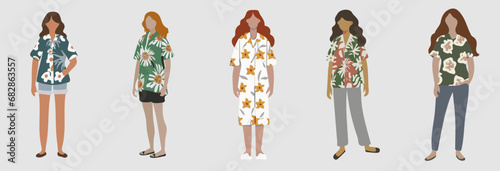 Tropical Vibes: Minimalist Faceless Women Vector Graphics Bundle with Hawaiian Floral Shirts