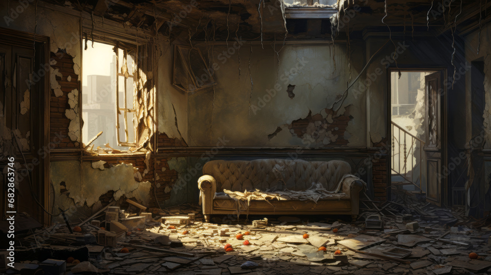 old sofa in the derelict room of an abandoned house