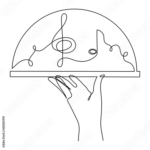 Hand holds musical treble clef and note one line art, hand drawn tray continuous contour. Artistic creative concept, minimalist outline design. Editable stroke. Isolated. Vector illustration