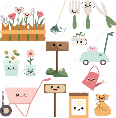 Vector set of cute kawaii face gardening tools and flower sticker elements