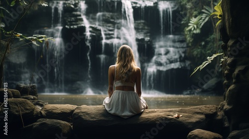 Young woman relaxing and meditation by the huge waterfall in the forest, 