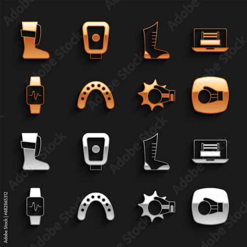 Set Mouth guard boxer, Boxing ring, glove, Punch boxing, Smart watch with heart, Sport shoes, and training paws icon. Vector