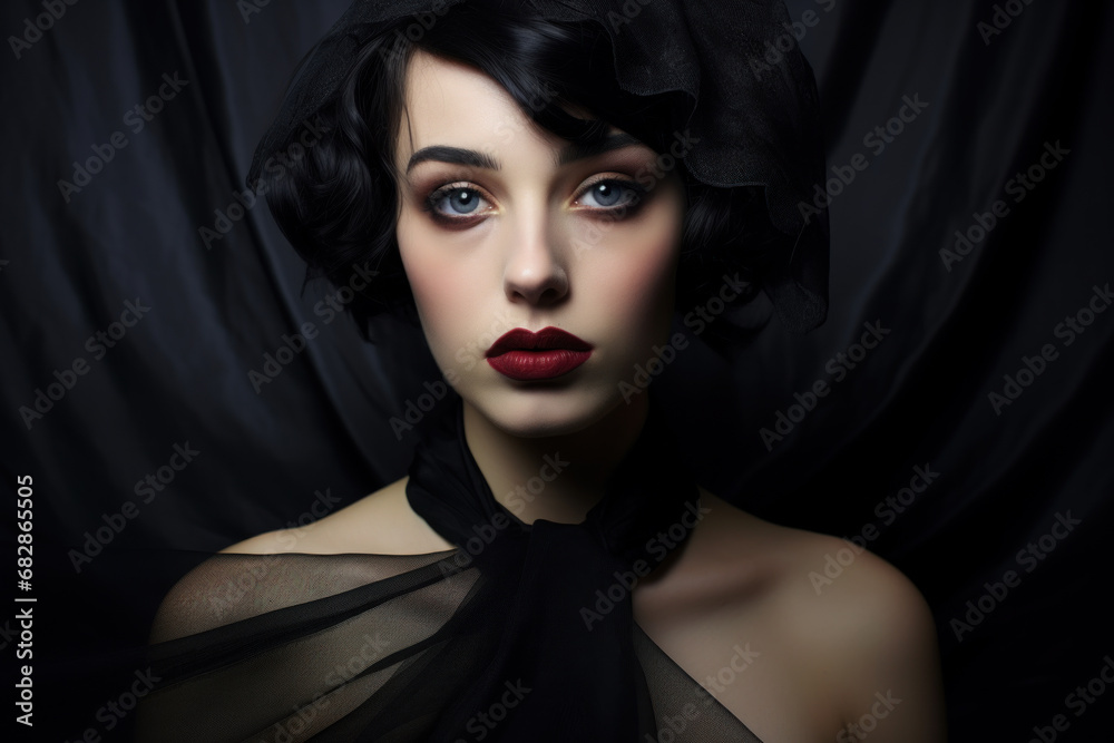 Beautiful young woman with gothic style makeup. Black Widow Halloween Costume. Beautiful young woman with gothic style makeup. Black Widow Halloween Costume.