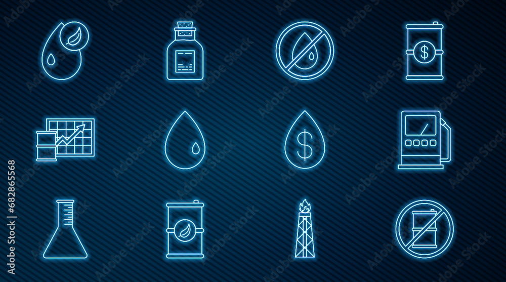 Set line No barrel for gasoline, Petrol station, oil drop, Oil, price increase, Bio fuel, with dollar and petrol test tube icon. Vector Set line No barrel for gasoline, Petrol station, oil drop, Oil, price increase, Bio fuel, with dollar and petrol test tube icon. Vector