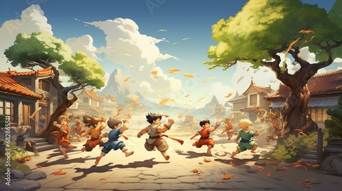 Cartoon scene with ancient town and people running 