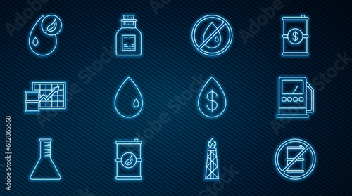 Set line No barrel for gasoline, Petrol station, oil drop, Oil, price increase, Bio fuel, with dollar and petrol test tube icon. Vector