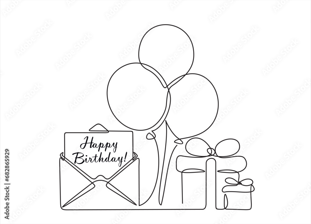 Fototapeta premium Envelope with balloons and gifts. Concept of birthday, valentine's day. Continuous one line drawing. 
