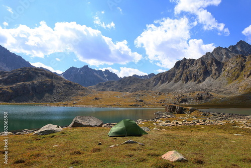 Third stage of Ak-Suu Traverse trek - Boz-Uchuk lakes in Tian Shan mountains, Karakol, Kyrgyzstan