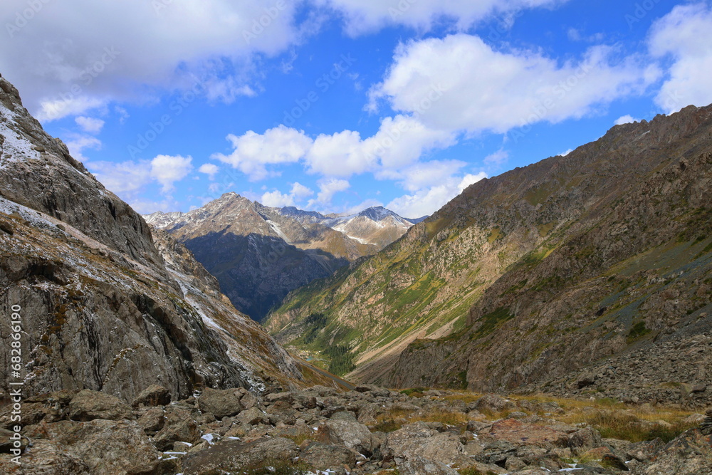 Eighth stage of Ak-Suu Traverse trek from Ala-kol lake to Karakol Gorge in Karakol national park, Kyrgyzstan