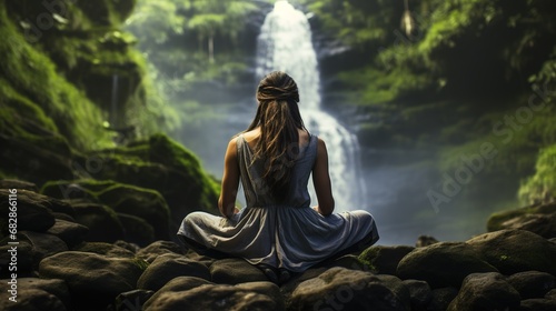 Young woman relaxing and meditation by the huge waterfall in the forest, 