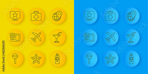 Set line Lollipop, Photo camera, Plane, Sunscreen spray bottle, Martini glass, Map pointer with star, Location on the globe and First aid kit icon. Vector