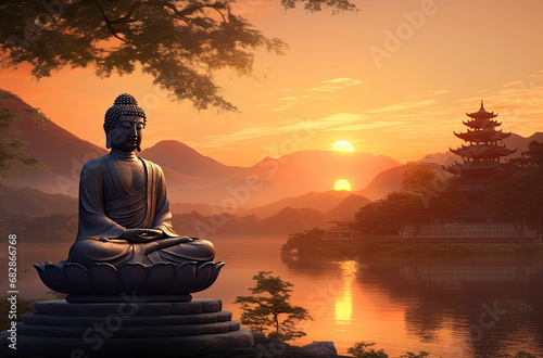 golden buddha of god standing in front of the sun © Kien