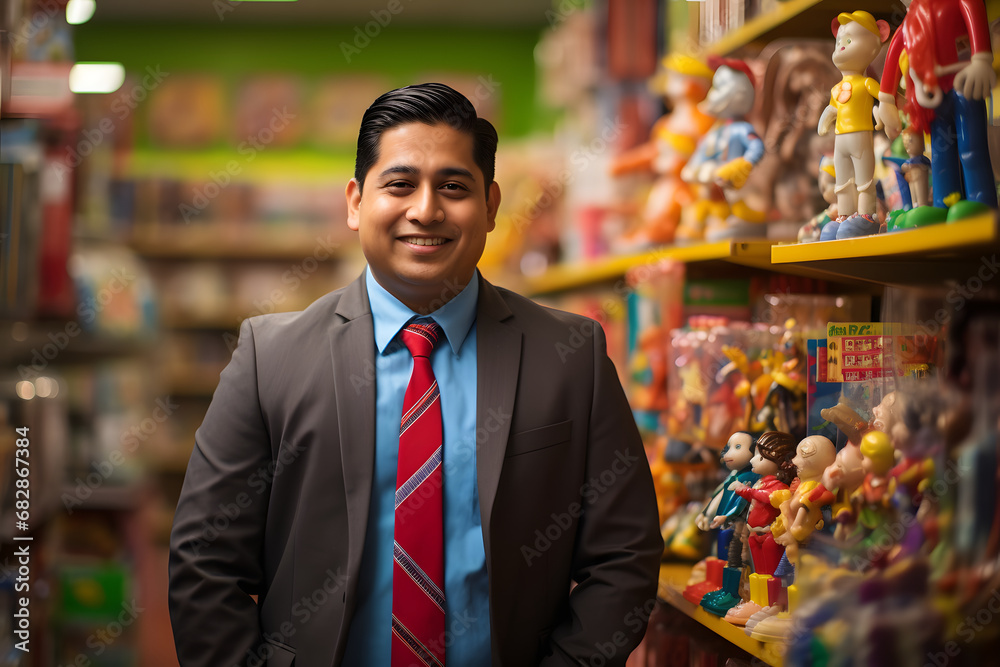 An elegant toy seller standing in the toys shop selling some toys wearing coat suit and red tie looking in the camera with smiling face having shelf of toys in the back