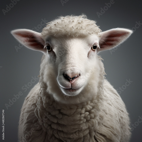 A white sheep, face only, chewing, looking at camera, gray background, ai technology