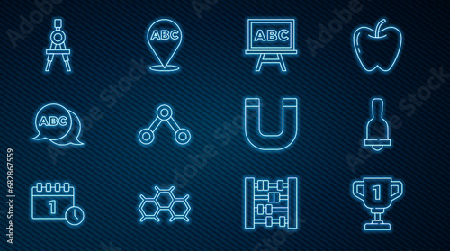 Set line Award cup  Ringing bell  Chalkboard  Molecule  Alphabet  Drawing compass  Magnet and icon. Vector
