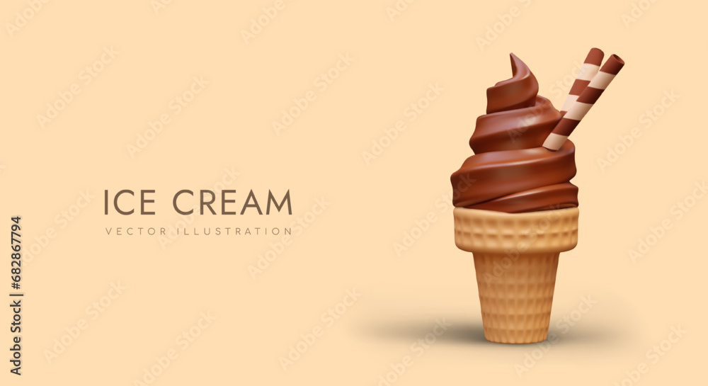 Soft chocolate ice cream advertising concept. Appetizingly served cold creamy dessert in waffle cup. Horizontal banner with place for text. Time to eat ice cream