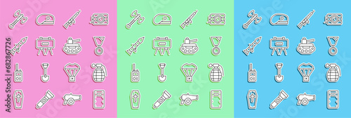 Set line Military assault shield, Hand grenade, reward medal, Sniper rifle with scope, mine, Rocket launcher, War axe and tank icon. Vector