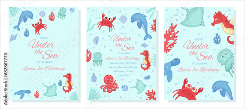 Birthday invitation set under sea theme background template, children's birthday party, invitation card with cartoon sea characters: octopus, dolphin, jellyfish, etc. Vector illustration.