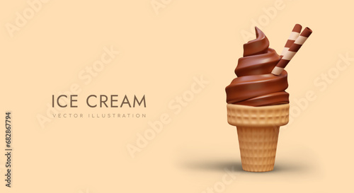 Soft chocolate ice cream advertising concept. Appetizingly served cold creamy dessert in waffle cup. Horizontal banner with place for text. Time to eat ice cream