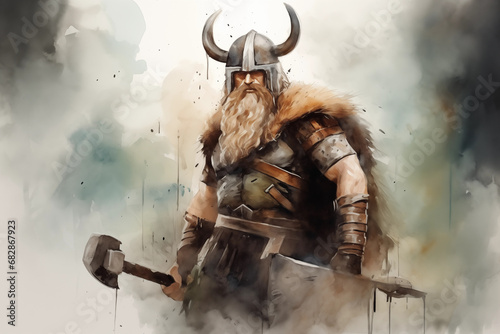 Sketch drawing in pencil and watercolor of Viking warrior with beard, in helmet with ax and shield. AI generated content photo