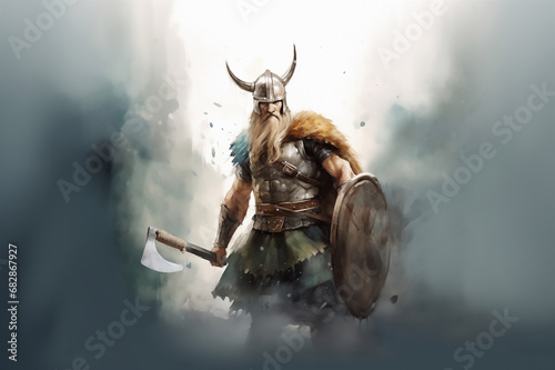 Sketch drawing in pencil and watercolor of Viking warrior with beard, in helmet with ax and shield. AI generated content photo
