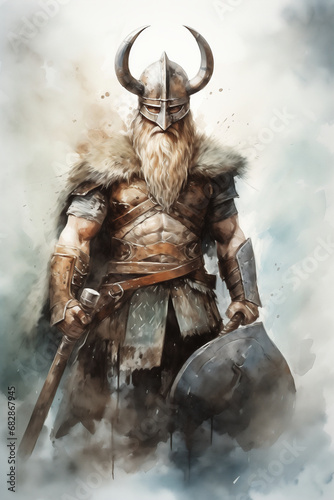 Sketch drawing in pencil and watercolor of Viking warrior with beard, in helmet with ax and shield. AI generated content
