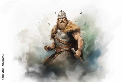 Sketch drawing in pencil and watercolor of Viking warrior with beard, in helmet with ax and shield. AI generated content
