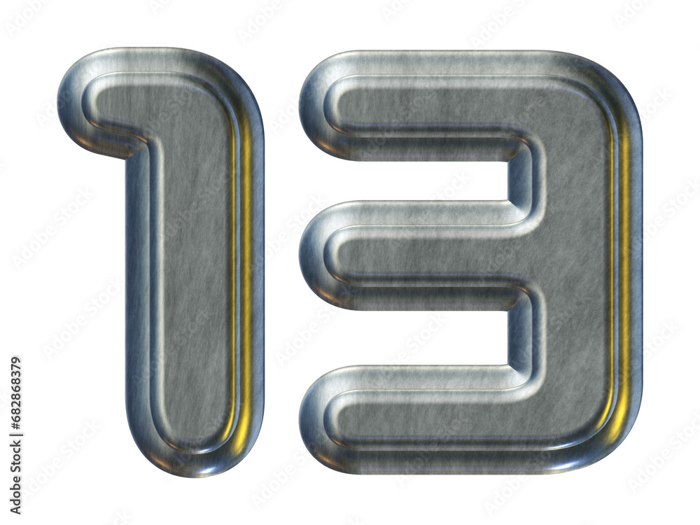 Silver metal number 13 isolated on transparent background for education concept Silver metal number 13 isolated on transparent background for education concept