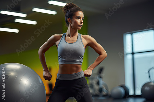 Fit woman in sportswear working out with an exercise ball during a fitness class in a gym