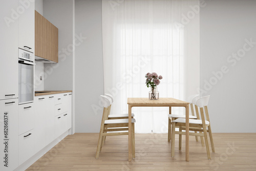 Dining room and kitchen with furniture. 3d rendering of interior background.