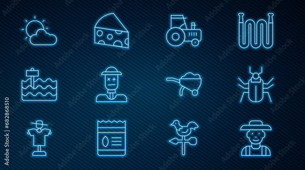 Set line Farmer in the hat, Insect fly, Tractor, Scarecrow, Garden bed, Sun and cloud weather, Wheelbarrow with dirt and Cheese icon. Vector Set line Farmer in the hat, Insect fly, Tractor, Scarecrow, Garden bed, Sun and cloud weather, Wheelbarrow with dirt and Cheese icon. Vector