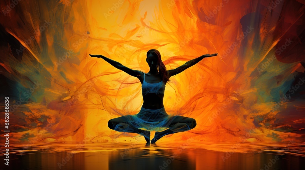 Young woman meditation during yoga training with abstract effects around, healthy lifestyle concept