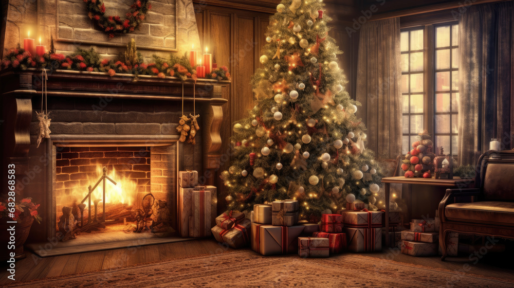 A classic Christmas scene with a twinkling tree and gifts displayed on the fireplace.