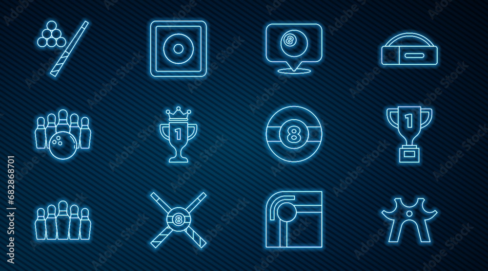 Set line Billiard rest, Award cup, Location with billiard ball, Bowling pin and, cue, and chalk icon. Vector