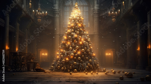 A dreamy Christmas tree adorned with shiny baubles, surrounded by the enchantment of the holiday season. © thuong