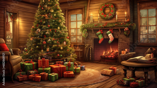 Capturing the joy of Christmas with a tree and presents on the hearth.