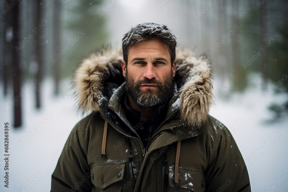 Fototapeta premium Bearded man guy enjoying wonderful winter weather snowy forest hiker Generative AI