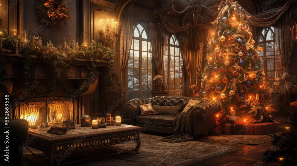 Magical holiday ambiance with a beautifully lit tree and fireplace.