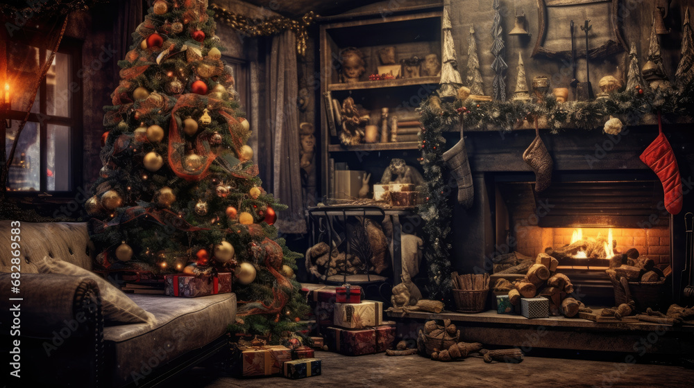 A festive holiday atmosphere with a Christmas tree and presents on the cozy fireplace. A festive holiday atmosphere with a Christmas tree and presents on the cozy fireplace.