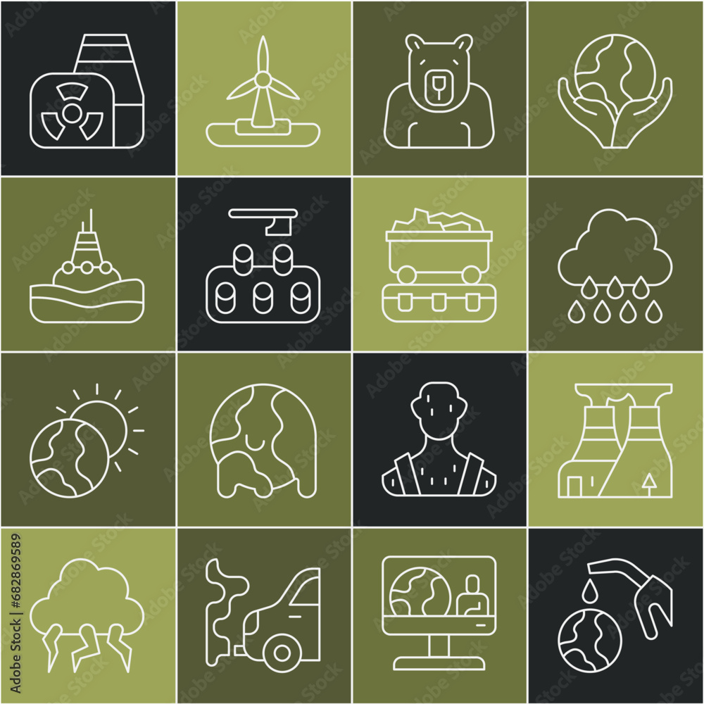 Set line Gas pump nozzle and globe, Nuclear power plant, Cloud with rain, Polar bear head, Deforestation, Floating buoy the sea, and Coal train wagon icon. Vector Set line Gas pump nozzle and globe, Nuclear power plant, Cloud with rain, Polar bear head, Deforestation, Floating buoy the sea, and Coal train wagon icon. Vector