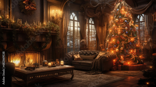 Magical holiday ambiance with a beautifully lit tree and fireplace. © thuong