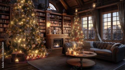 A cozy and inviting scene with a Christmas tree decorated in ornaments and illuminated by shimmering lights.