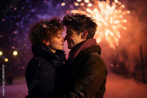 Adorable couple meeting new year together watching admiring fireworks Generative AI artwork