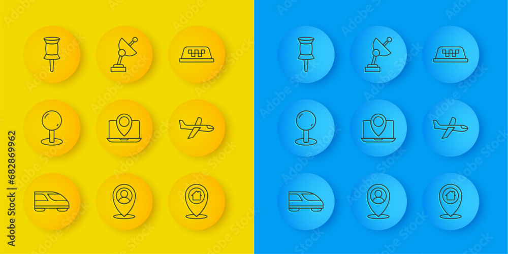 Set line High-speed train, Push pin, Laptop with location marker, Location house, Plane, Taxi car roof and Radar icon. Vector Set line High-speed train, Push pin, Laptop with location marker, Location house, Plane, Taxi car roof and Radar icon. Vector