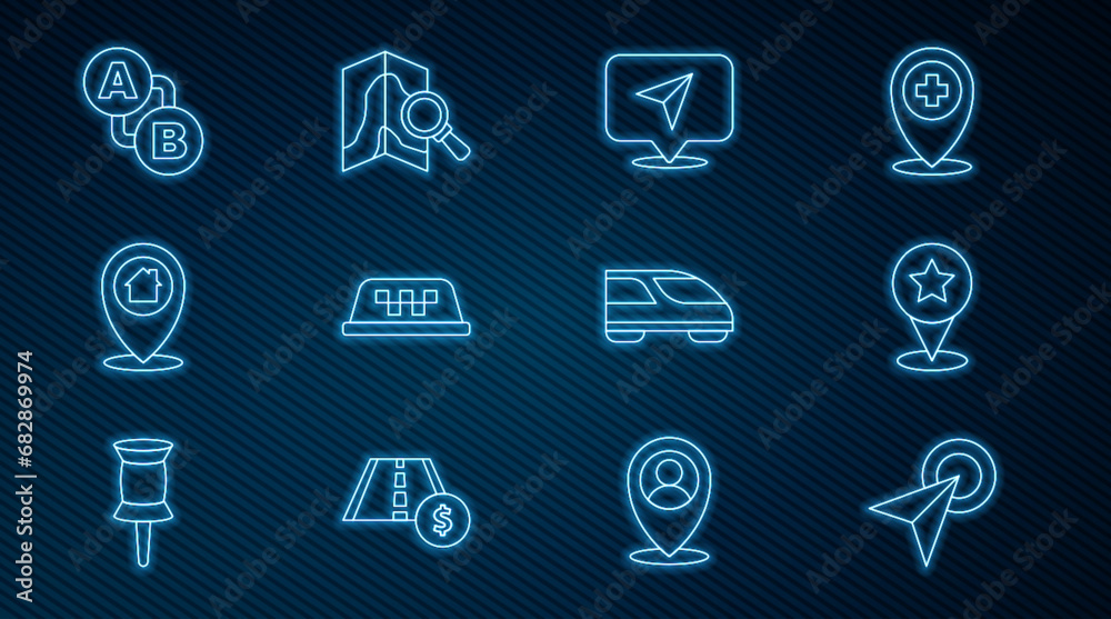 Set line Infographic of city map navigation, Map pointer with star, Taxi car roof, Location house, Route location, High-speed train and Search icon. Vector Set line Infographic of city map navigation, Map pointer with star, Taxi car roof, Location house, Route location, High-speed train and Search icon. Vector