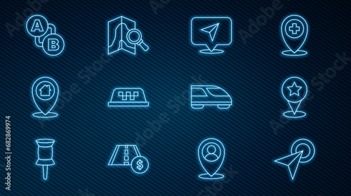 Set line Infographic of city map navigation, Map pointer with star, Taxi car roof, Location house, Route location, High-speed train and Search icon. Vector