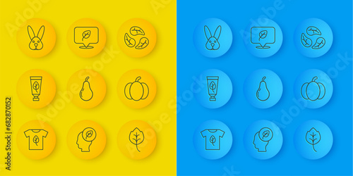 Set line Vegan shirt, Organic cosmetic, Pear, Leaf or leaves, Pumpkin, Animal cruelty free, and food diet icon. Vector